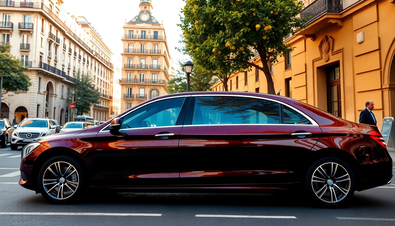 Experience cheap car rental with driver Madrid in a luxurious sedan parked on a sunny street.