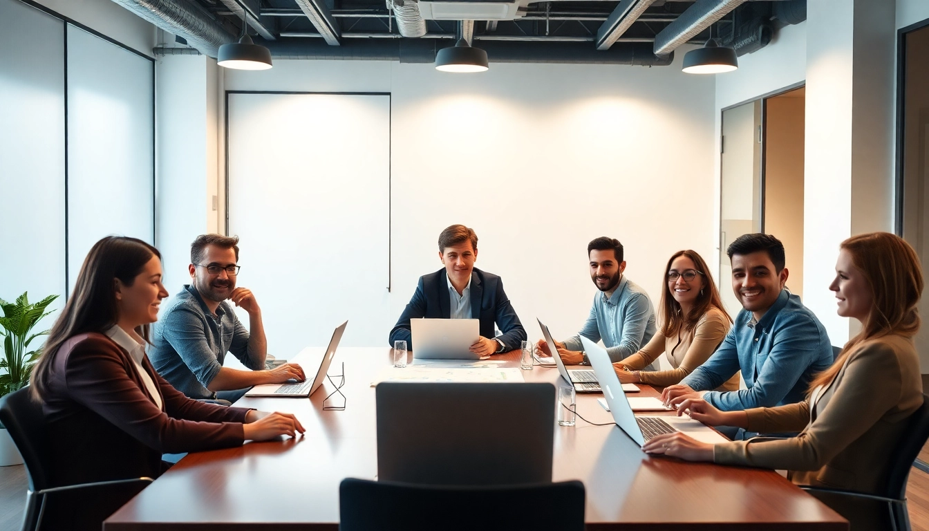 Entrepreneurs discussing Polonya'da Şirket Açmak in a modern office setting, emphasizing collaboration and ambition.