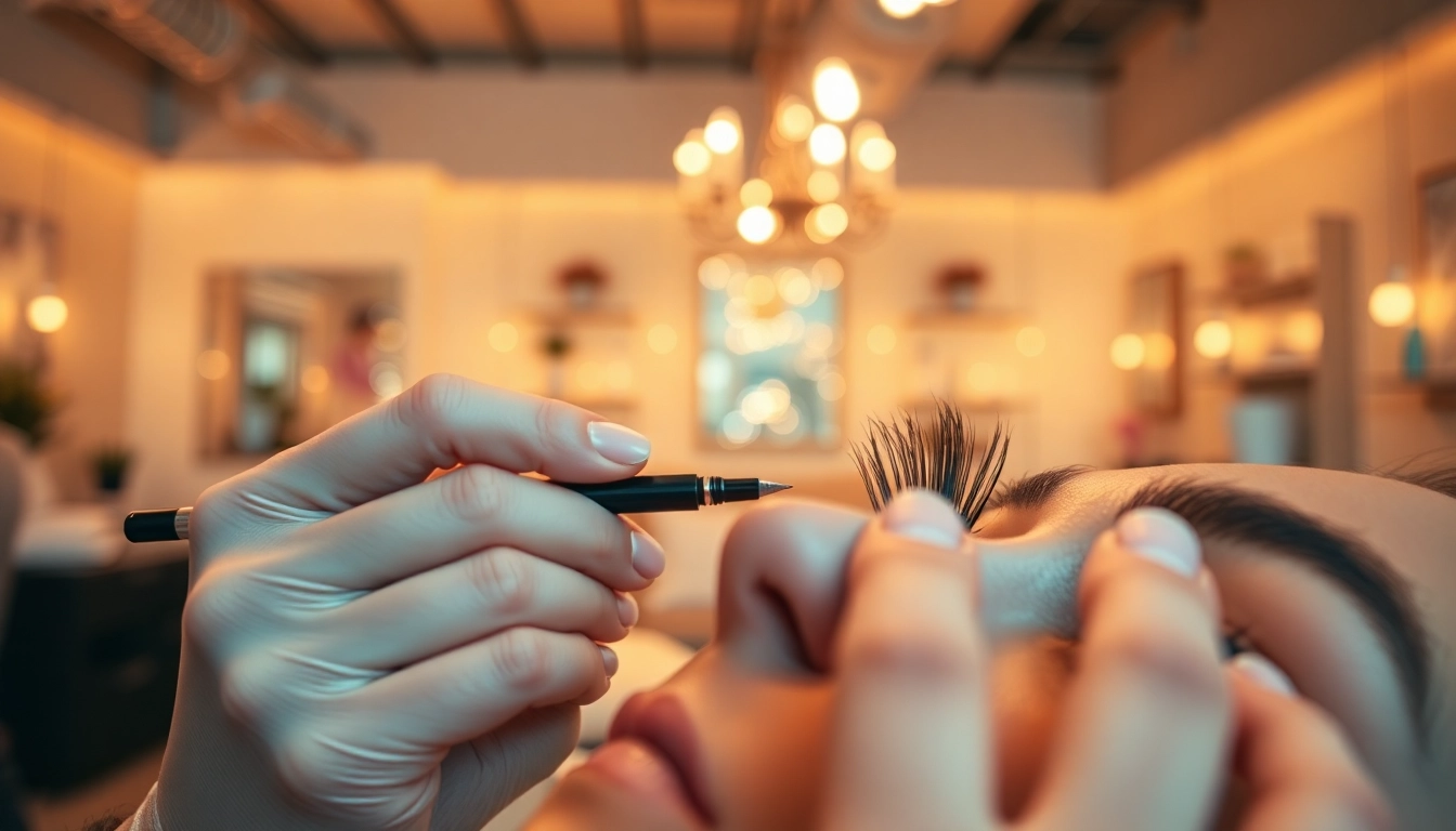 Lash techs expertly applying customized eyelash extensions in a bright salon setting.