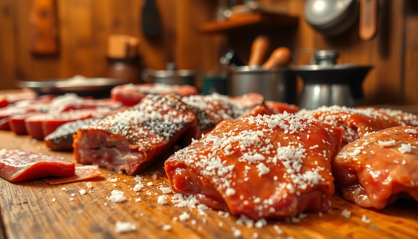 Salting technique on fresh meats showcases traditional culinary practices.