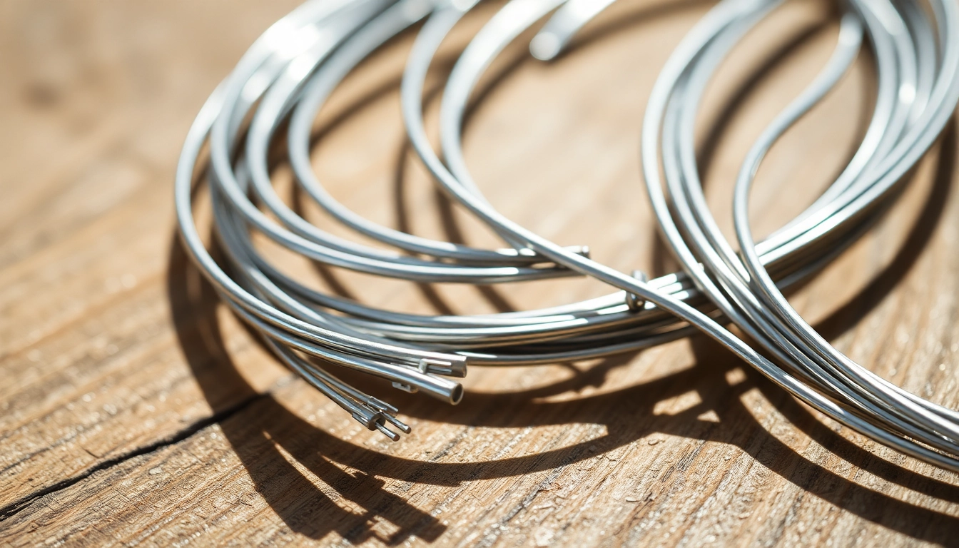 Explore different gauges of stainless steel wire coiled elegantly on a wooden surface.