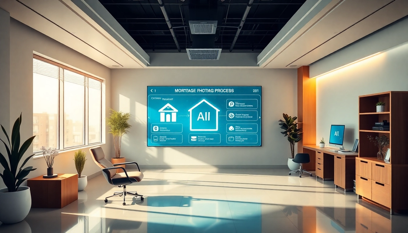 Visual representation of the mortgage process with AI streamlining lending operations in a modern workspace.