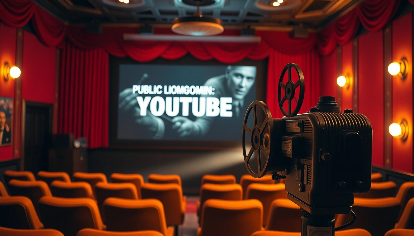 Watch iconic public domain movies on YouTube in a cozy vintage theater setting.