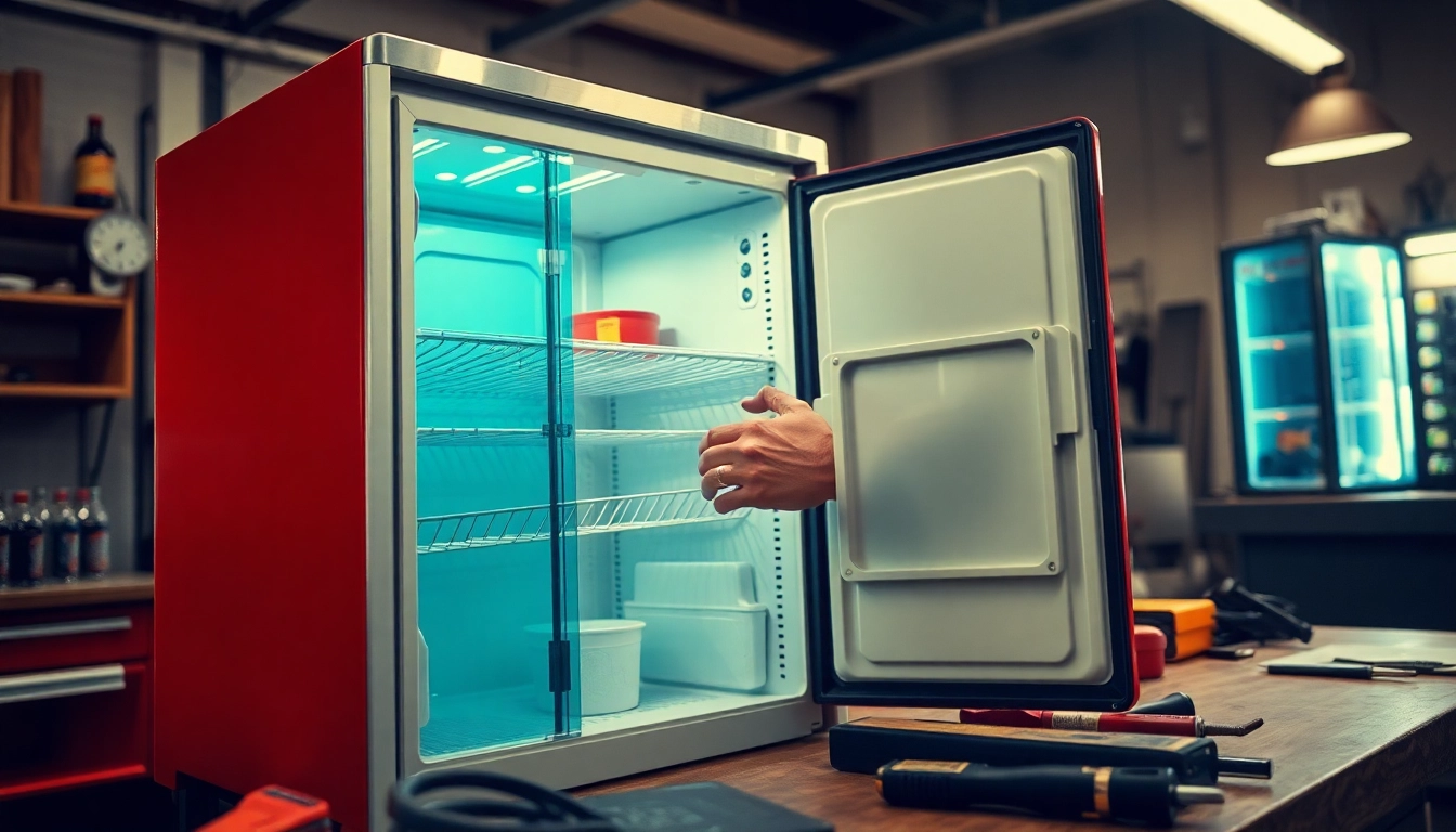 Technician performing soda cooler repair with tools on workbench, ensuring optimal performance and maintenance.