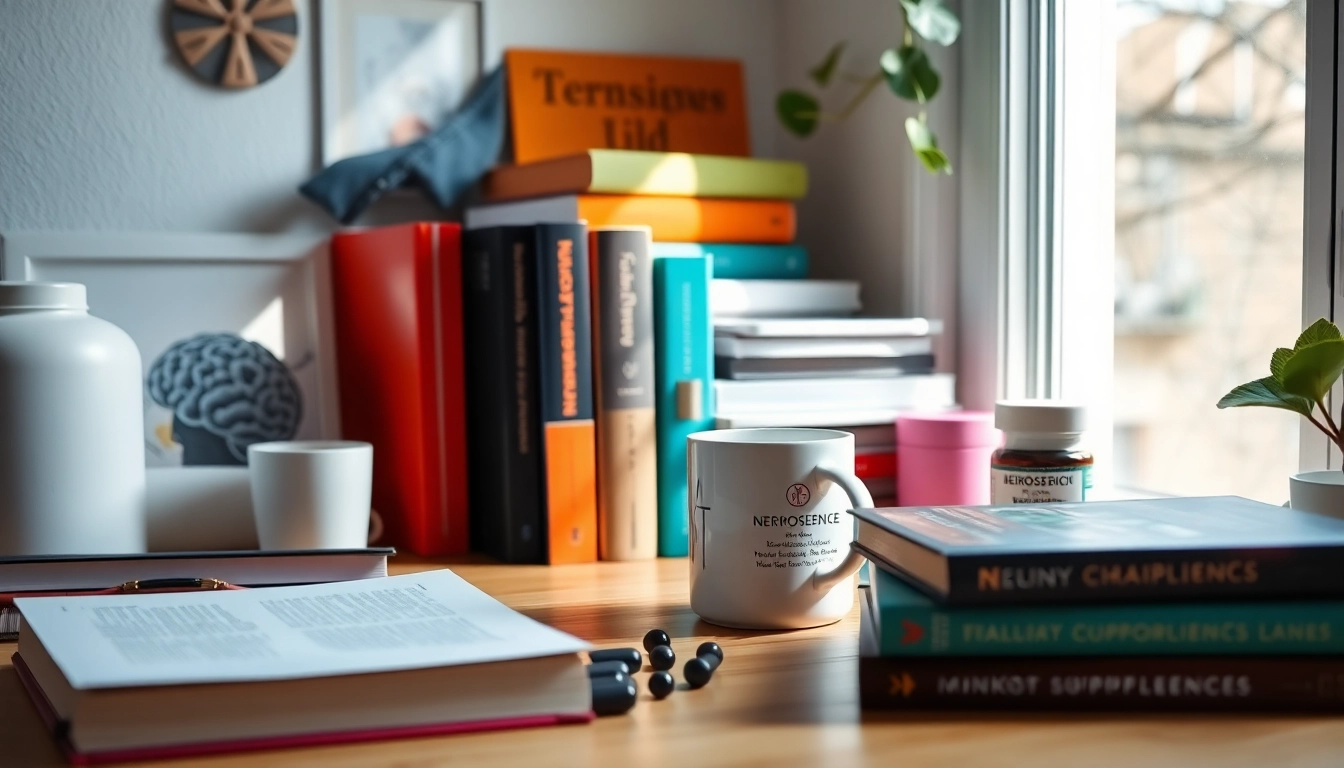 Nootropics on a desk with books and coffee illustrating enhanced cognitive focus.