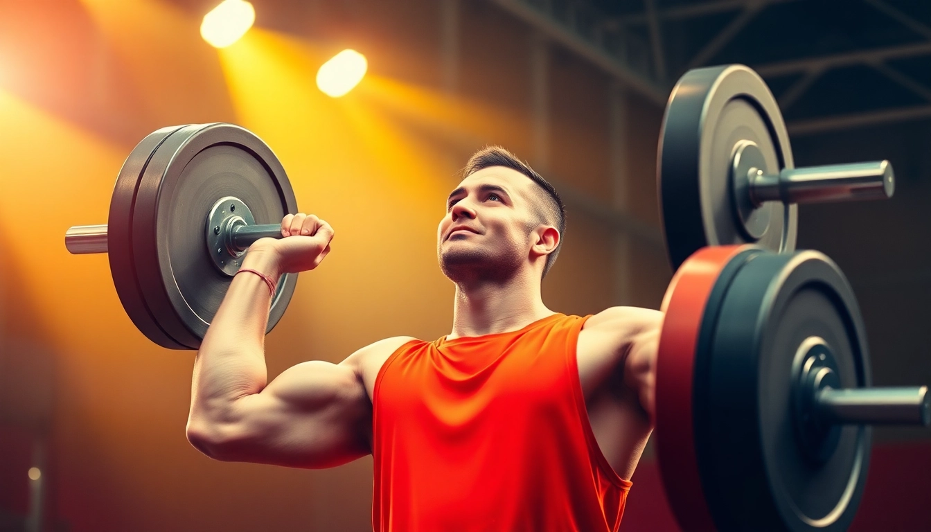 Weightlifting athlete performing a barbell lift with intense focus and strength.