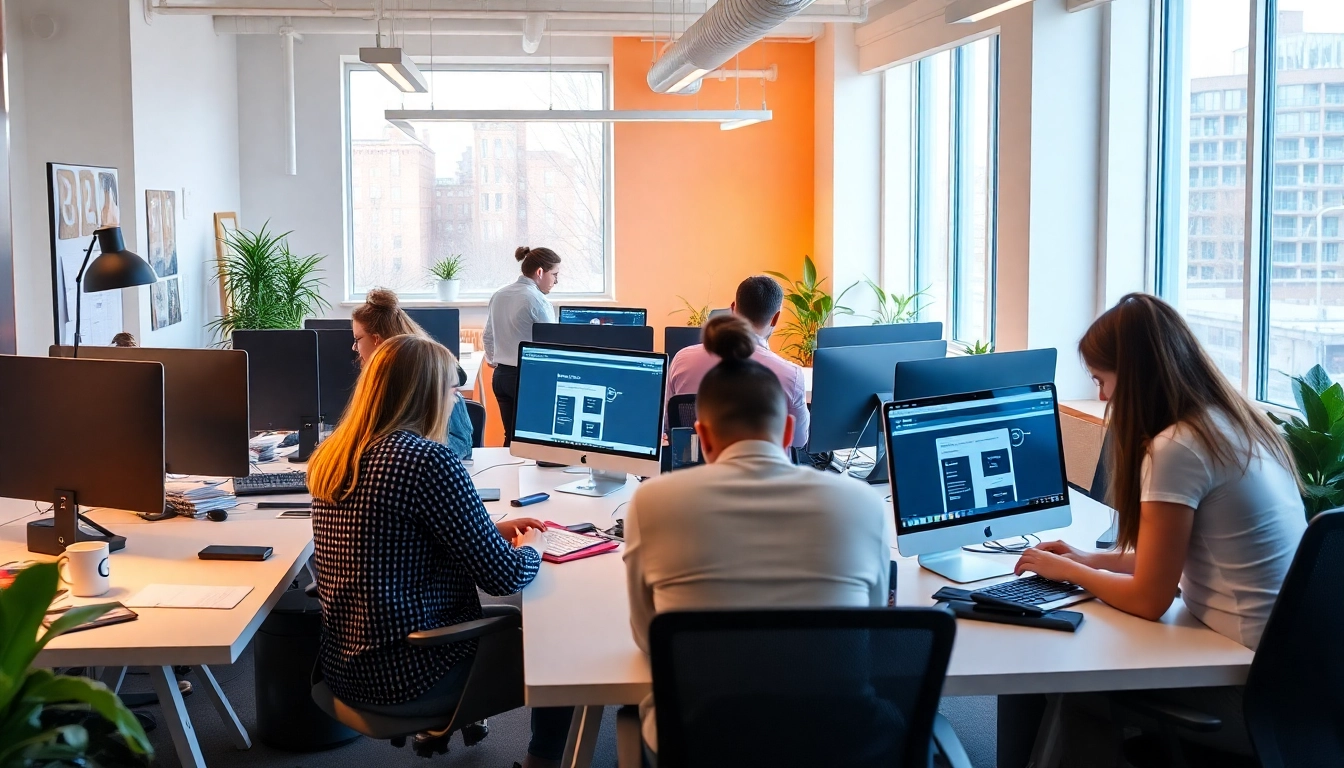 Collaborative scene of web designers working on website design Manchester projects in a modern office.