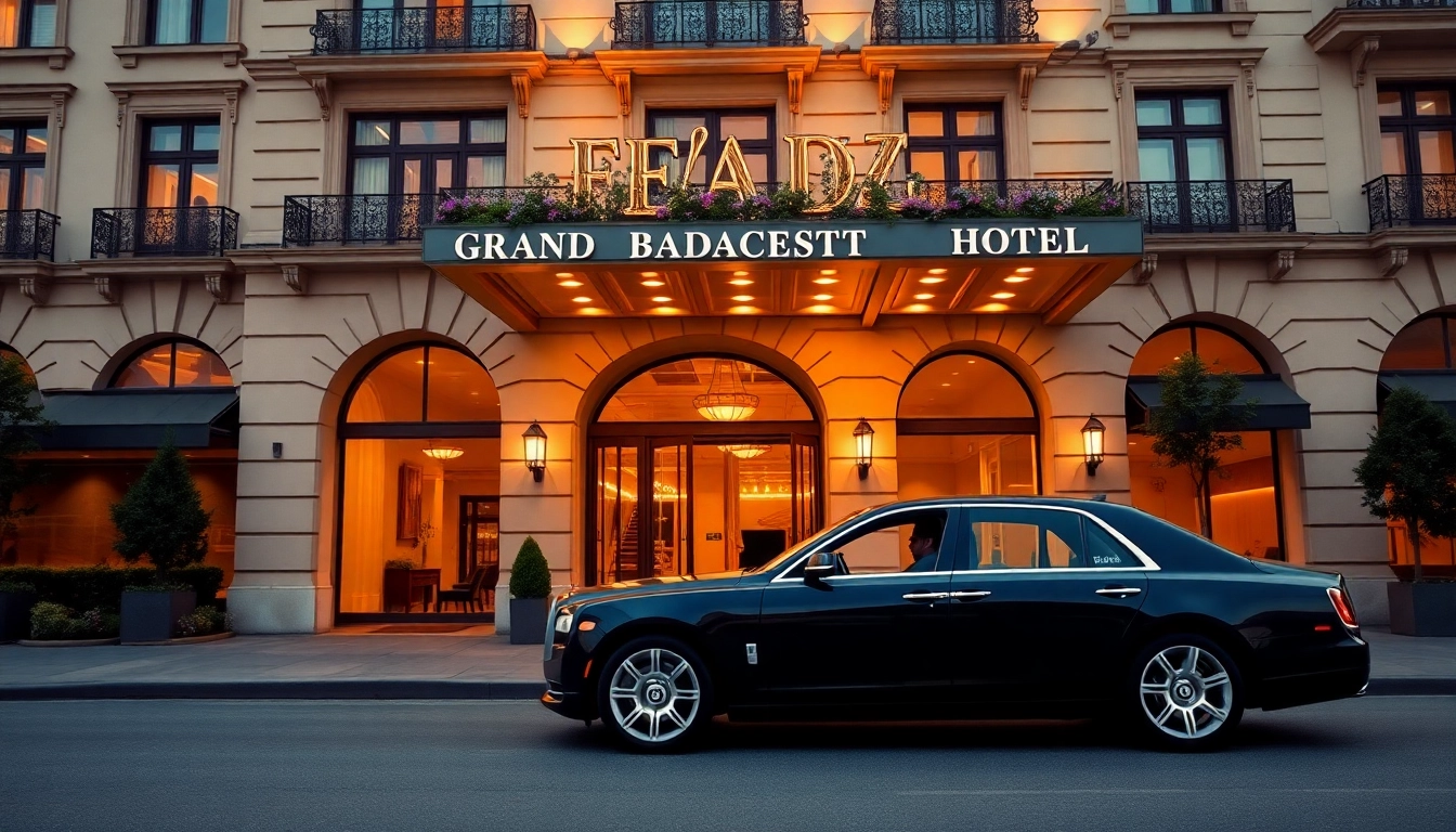 Experience luxury private car service Budapest with a sophisticated sedan at a top hotel entrance.