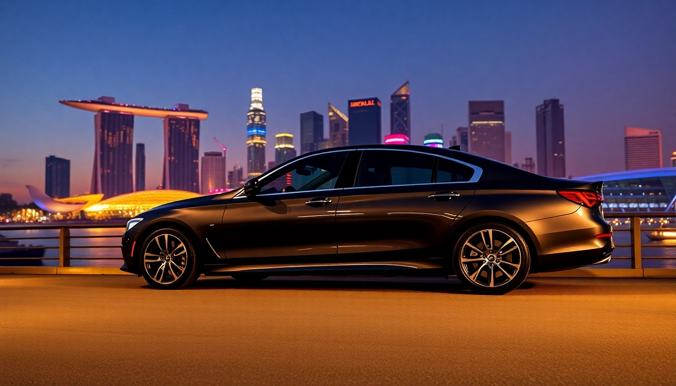 Affordable and luxurious cheap car rental with driver Singapore against the stunning skyline at twilight.