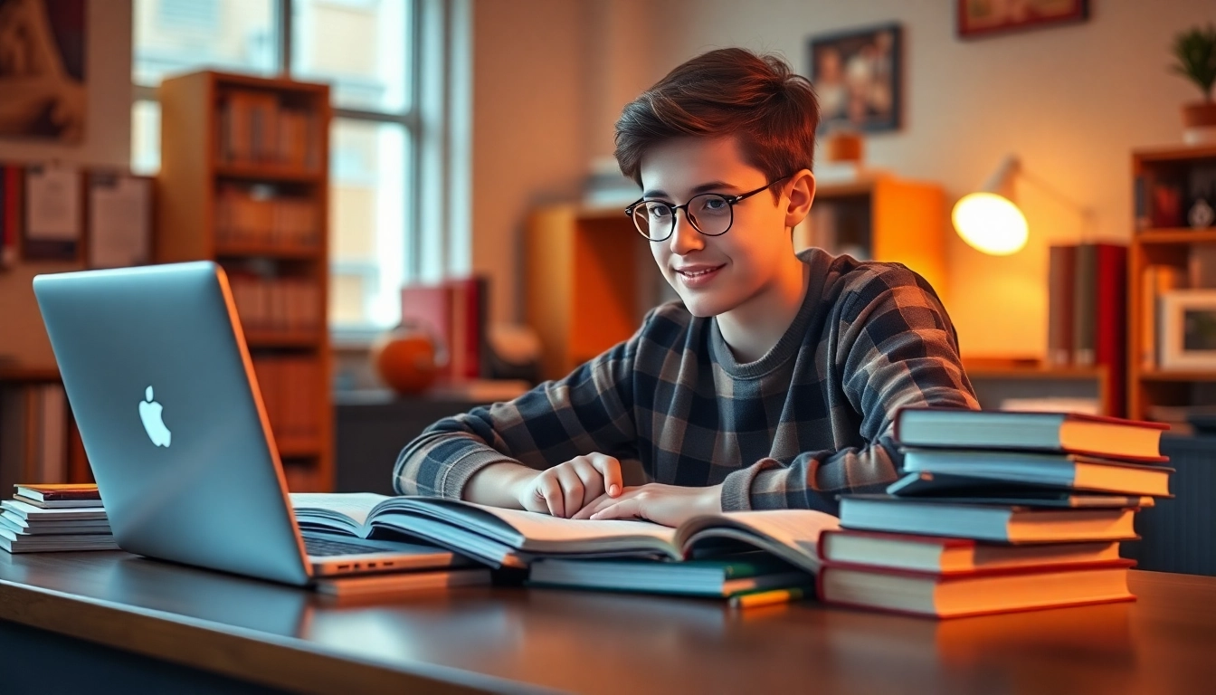 Engaged student studying on Homeworkmarket with textbooks and a laptop, showcasing dedication.