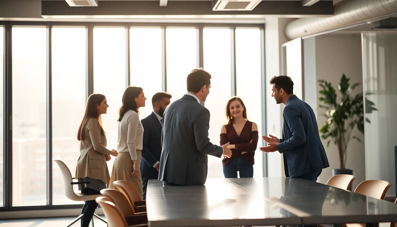 Team collaborating on outsourcing strategies in a bright modern office, reflecting teamwork.