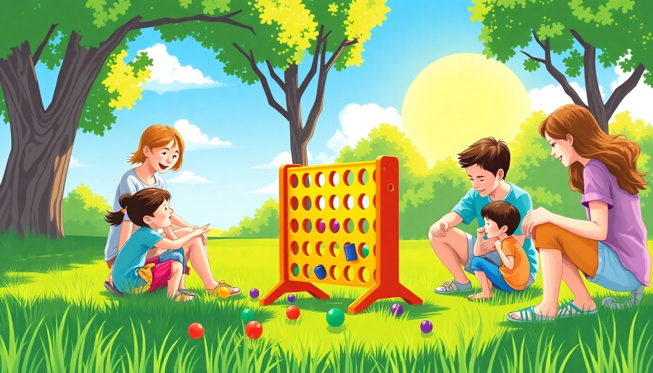 Engaged families enjoying a Connect Four Yard Game outdoors, showcasing colorful pieces and summer fun.