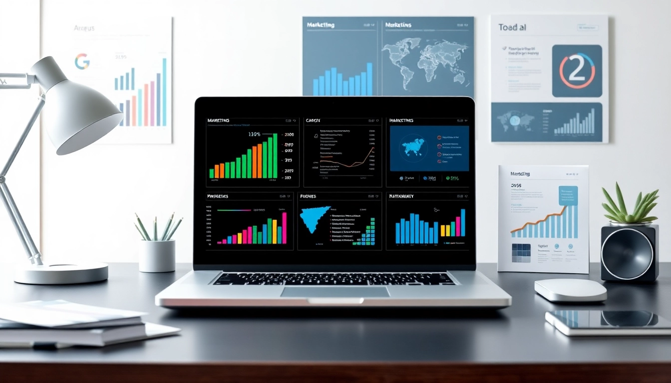 Showcasing innovative AI marketing tools displayed on a desk with vibrant charts for effective business strategies.