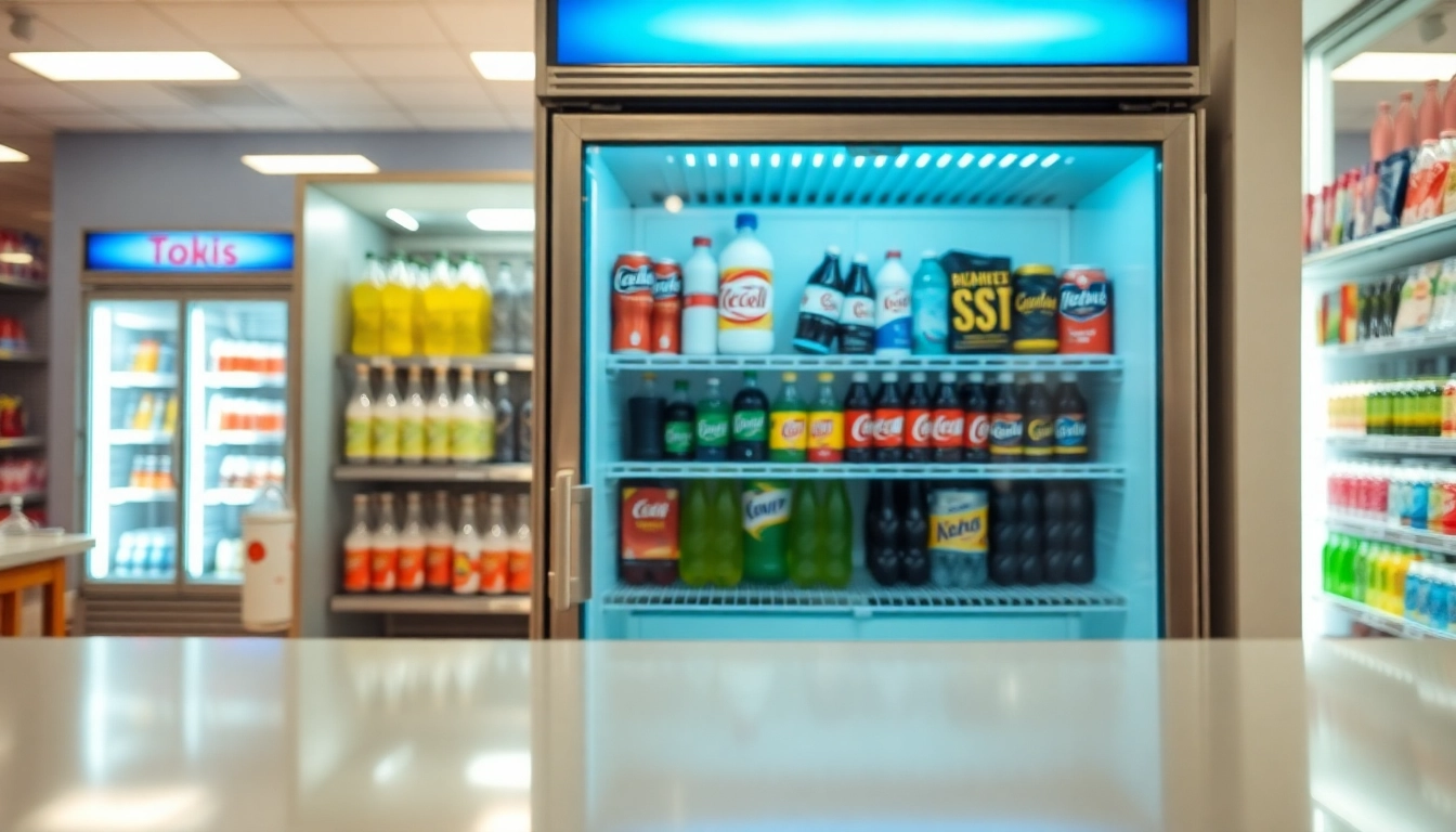 Highlighting soda cooler repair services with a polished beverage cooler showcasing vibrant branding and an inviting store setting.